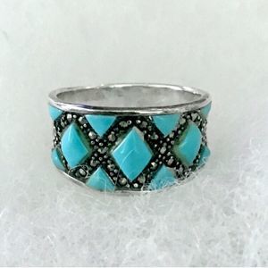 Vintage Sterling Turquoise Marcasite Inlay Ring 7.75